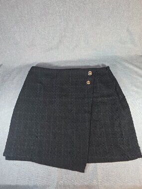 Nine West Black Textured Wrap Front Skirt Gold Button Detail A-Line